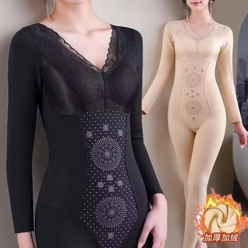 秋冬女士保暖加绒塑身衣连体收腹束腰显瘦后脱体雕衣内衣长款