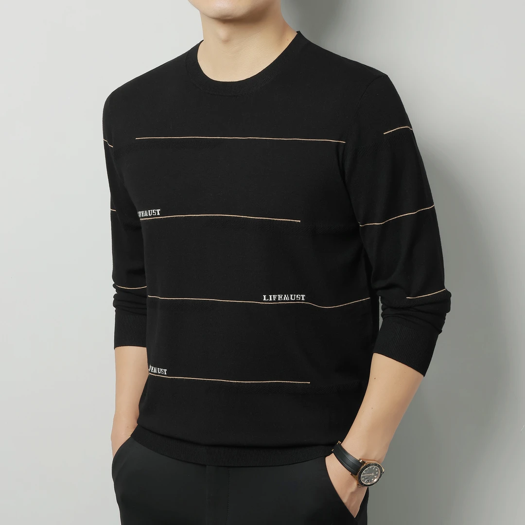 男士打底衫秋季新款圆领长袖春秋休闲条纹套头针织衫打底衫毛衣