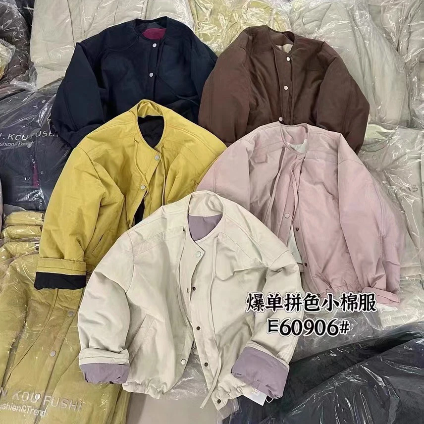 秋冬显瘦显高宽松棉服时尚百搭撞色圆领外套上衣拼接韩版棉衣