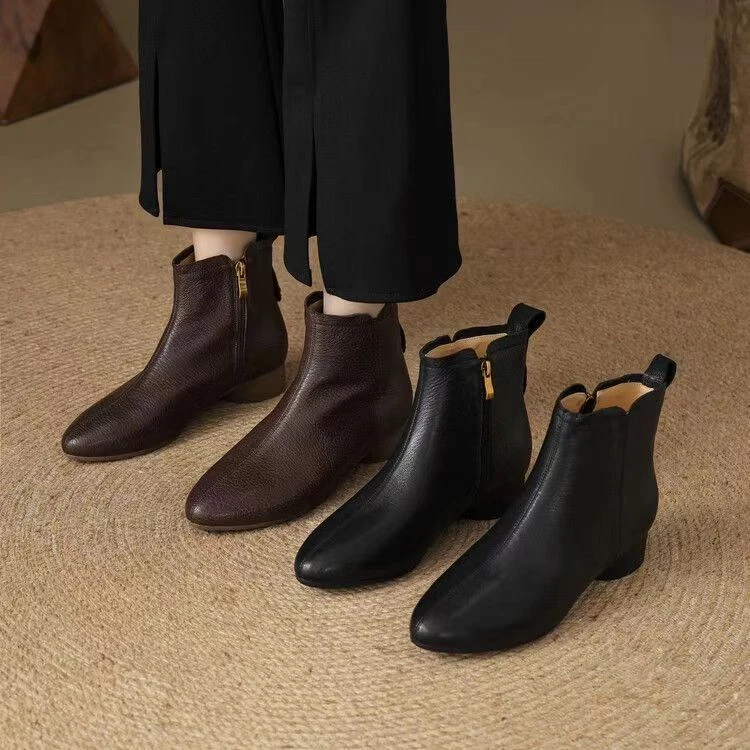 法式复古爆款软底百搭短靴女2024秋冬新款低跟软皮加绒保暖马丁靴