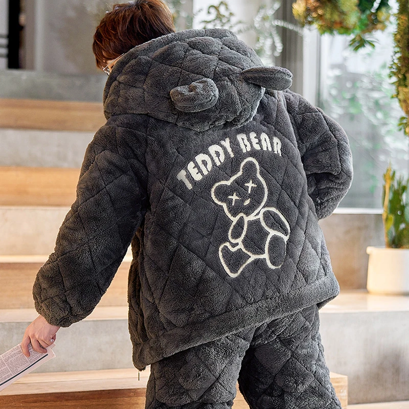 珊瑚绒睡衣男2025新款男士冬季三层夹棉加厚棉袄外穿青少年家居服