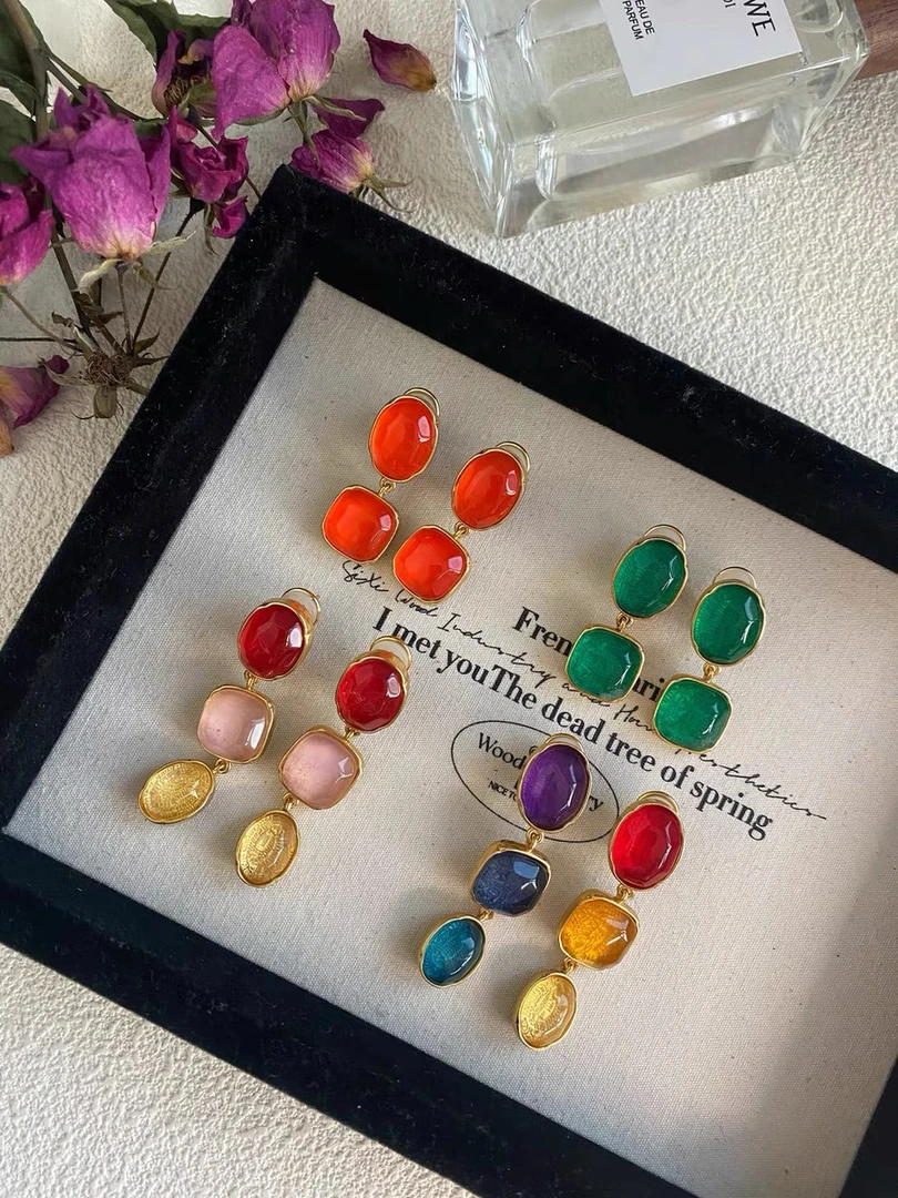 铜合金耳饰 欧美gooss古森经典彩色糖果石耳夹长款耳环ins高级