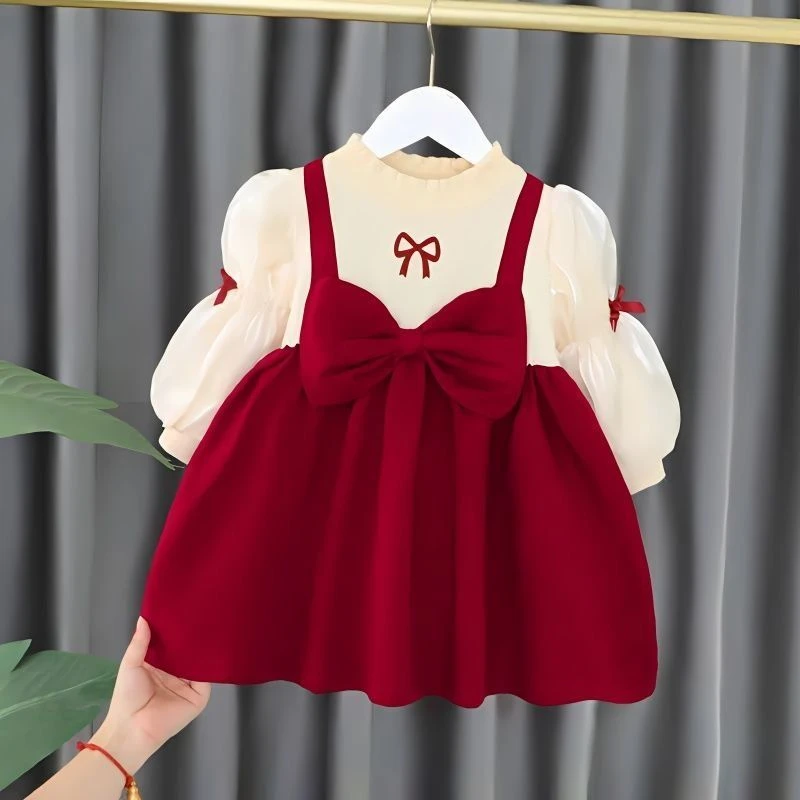 女童加绒连衣裙冬季2023新款洋气婴儿拜年服保暖红色女宝宝公主裙
