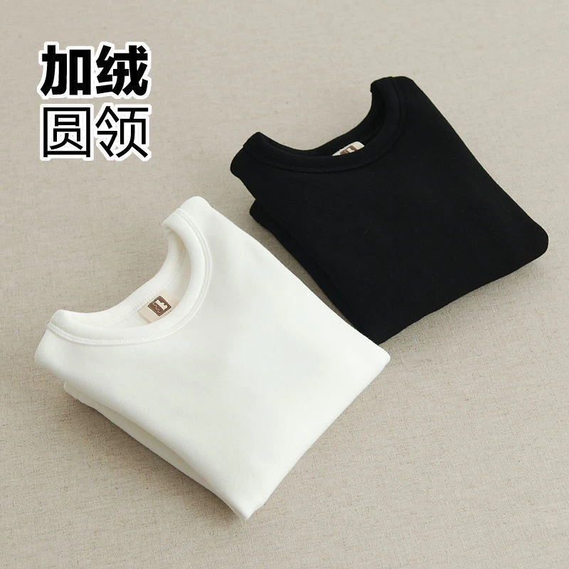 儿童黑白色圆领打底衫加绒冬款童装男女童宝宝长袖打底T恤加厚款