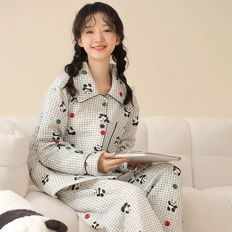 时梦也[野-SP]家居熊猫嘭嘭纯棉加磨毛家居服套装可外穿情侣睡