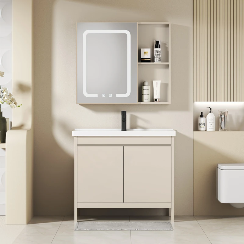 浴室柜落地式太空铝落地式浴室柜洗手盆柜组合一体陶瓷洗脸盆镜柜