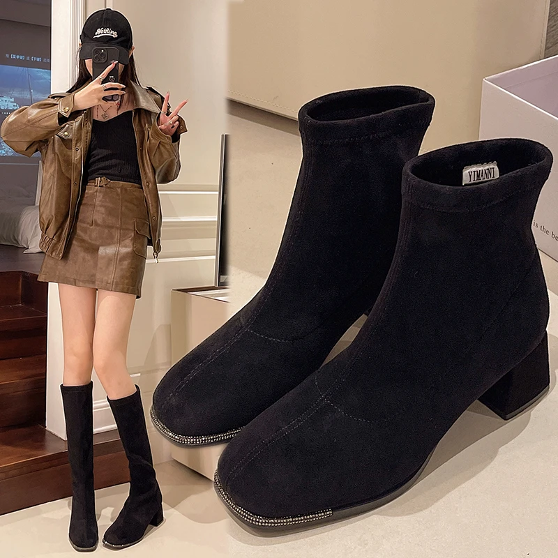 【九儿】方头绒面复古瘦瘦靴女2024秋冬新款粗跟中跟时尚百搭短靴