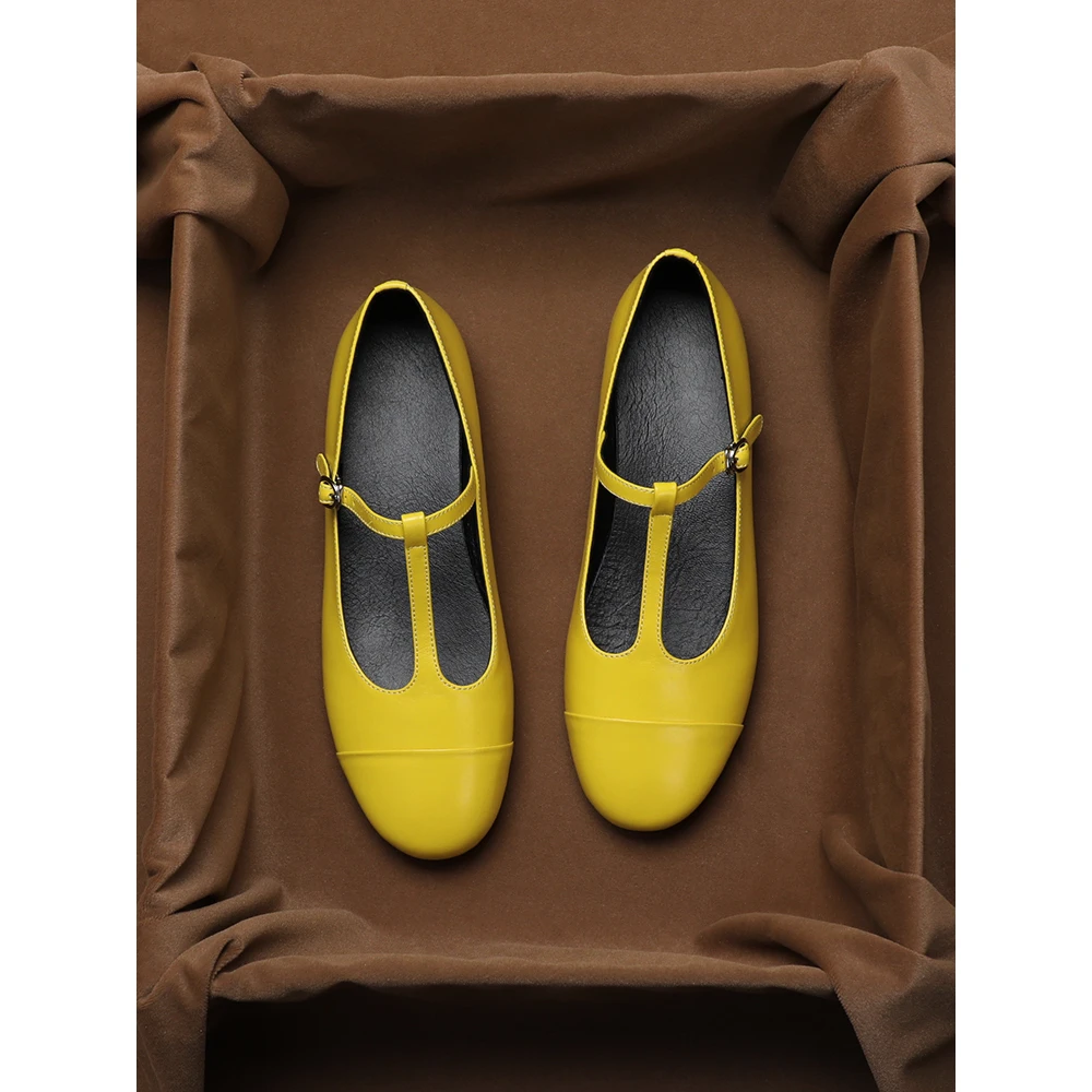 林晚晚真皮圆头玛丽珍女鞋2025春秋新款T型带平底单鞋通勤女