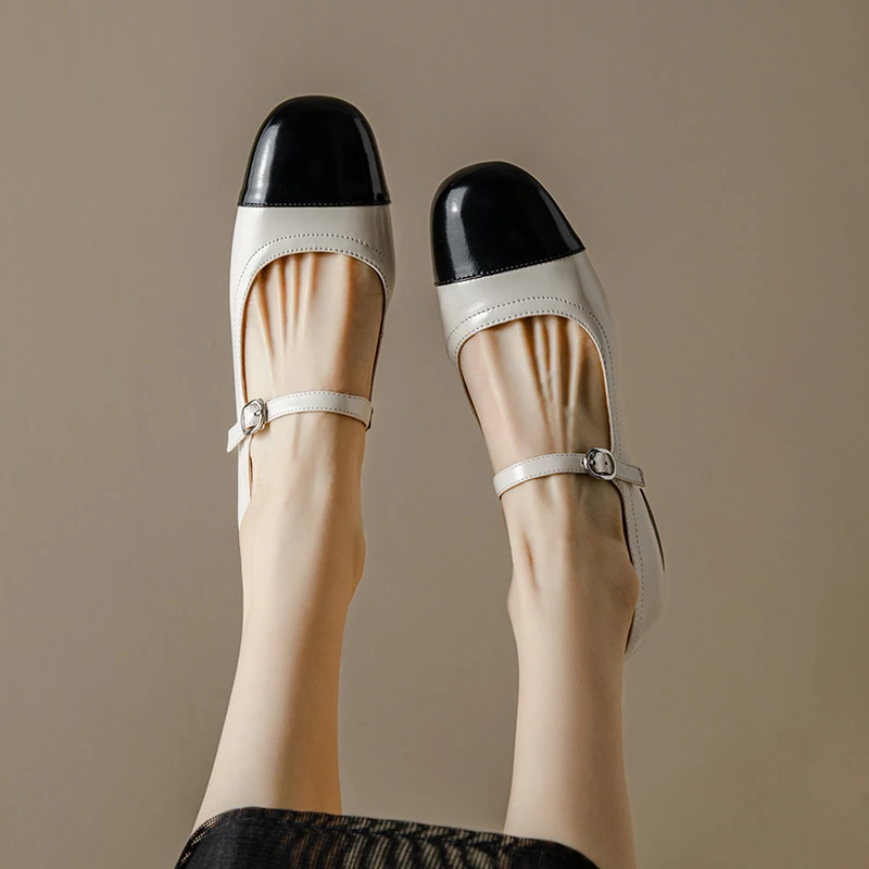 林晚晚 巨柔软~真皮圆头拼色浅口单鞋女休闲百搭低跟玛丽珍鞋