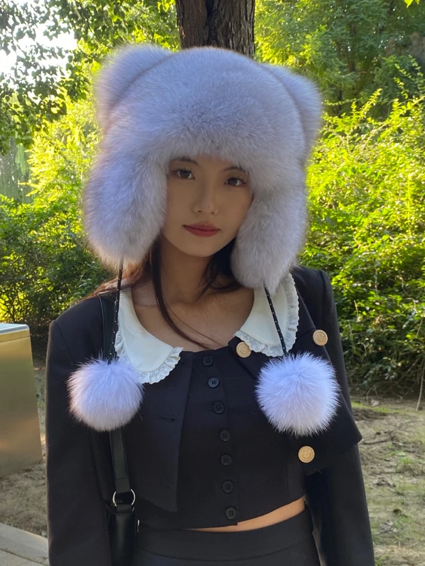 小浣熊新款整皮狐狸毛帽子护耳秋冬季节时尚保暖户外防风帽子柔软