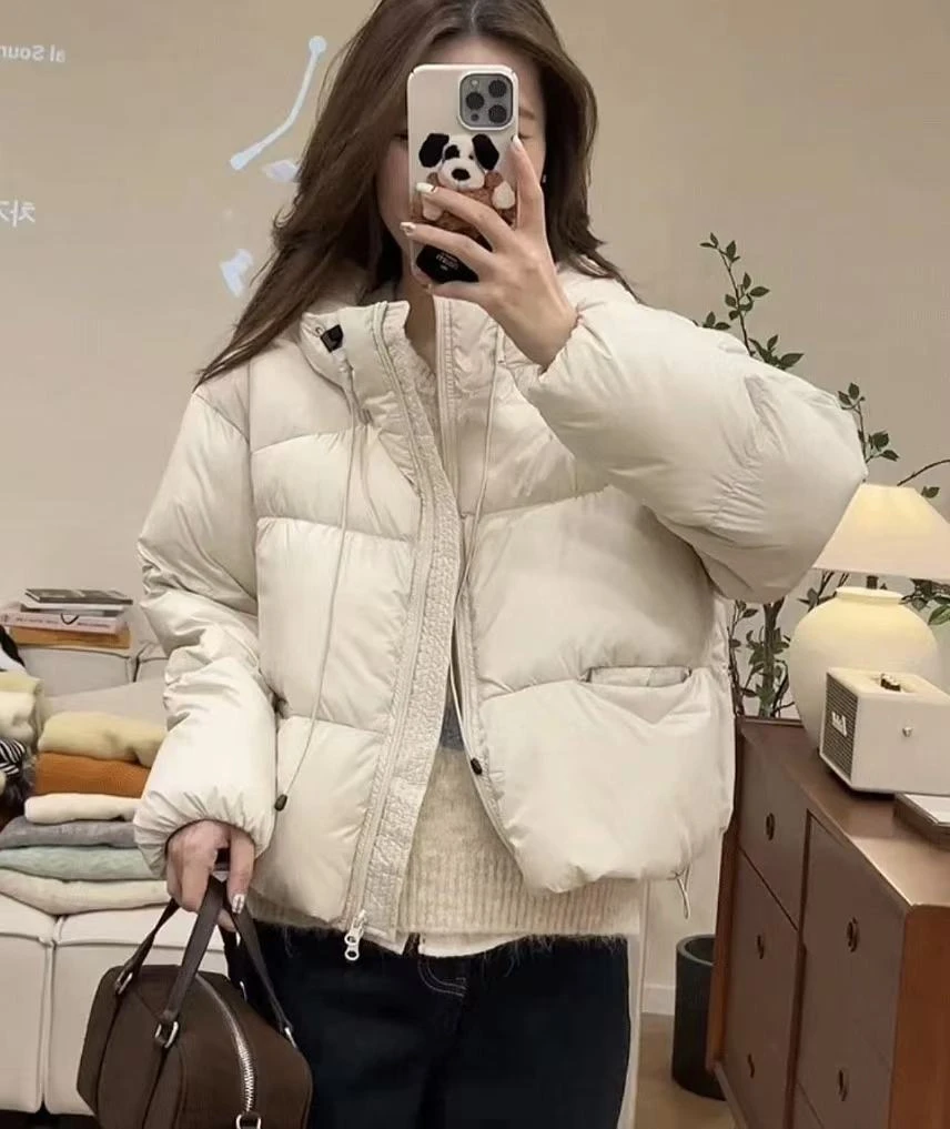 口袋3角泡芙蓬松连帽羽绒服女冬季加厚短款白鸭绒肯豆面包服外套
