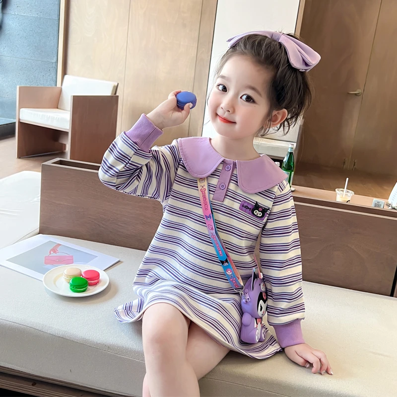 女童库洛米连衣裙2025新款儿童春秋季网红洋气宝宝条纹长袖连衣裙