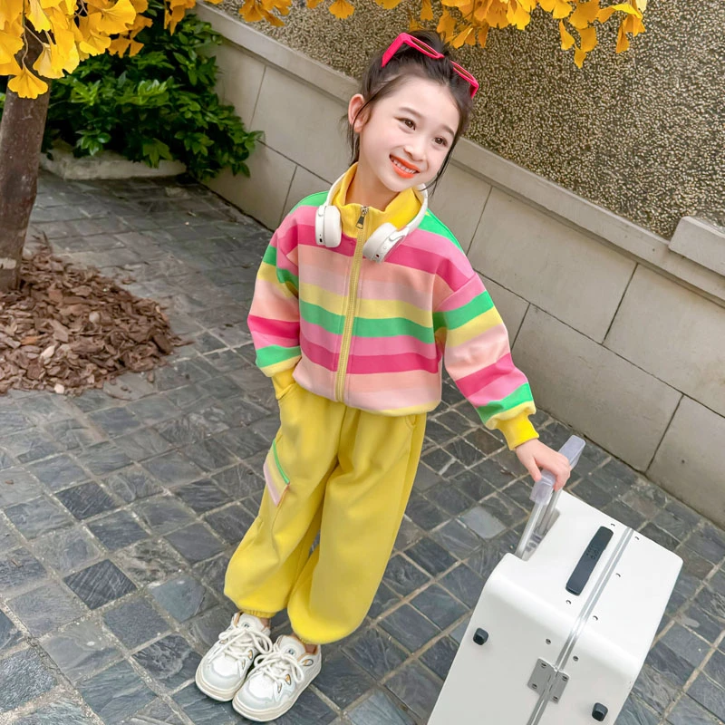 女童休闲套装春秋装2025新款儿童秋季韩版洋气女宝条纹时髦两件套