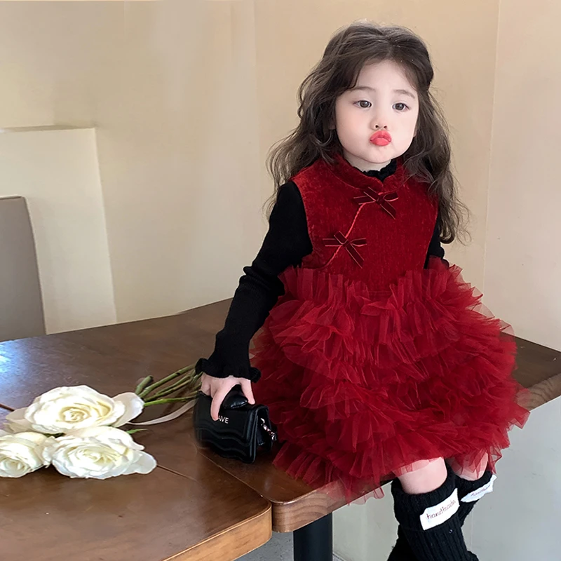 女童背心裙套装秋冬装2024新款儿童红色蛋糕裙新年装女宝宝拜年服