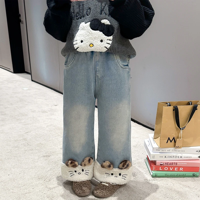 女童加绒牛仔裤2024新款儿童秋冬装韩版豹纹女宝宝冬季休闲阔腿裤