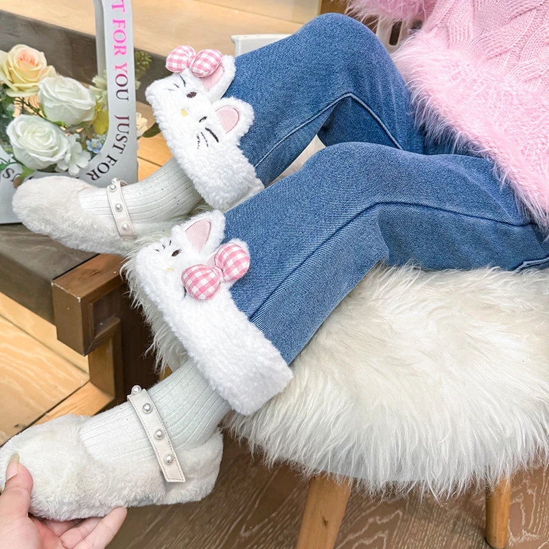 女童加绒牛仔裤秋冬装2024新款儿童一体绒喇叭裤宝宝冬季加厚长裤