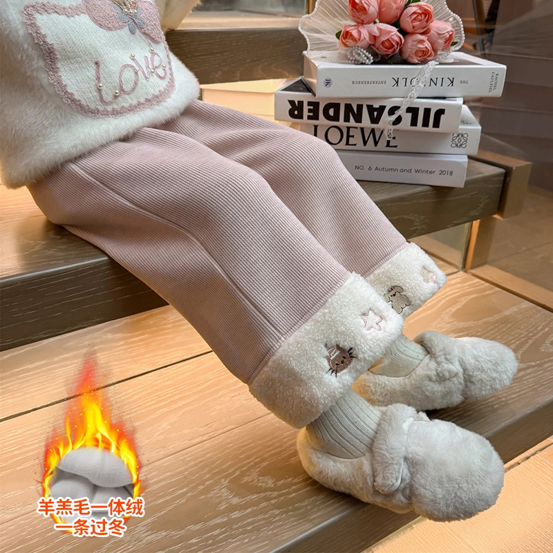 女童加绒阔腿裤2024新款儿童冬装一体绒裤子女宝宝冬季加厚休闲裤