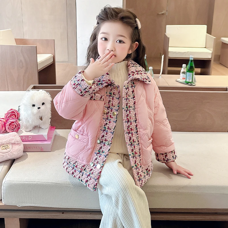 女童小香风外套2024新款儿童秋冬装韩版洋气宝宝冬季拼色时髦上衣