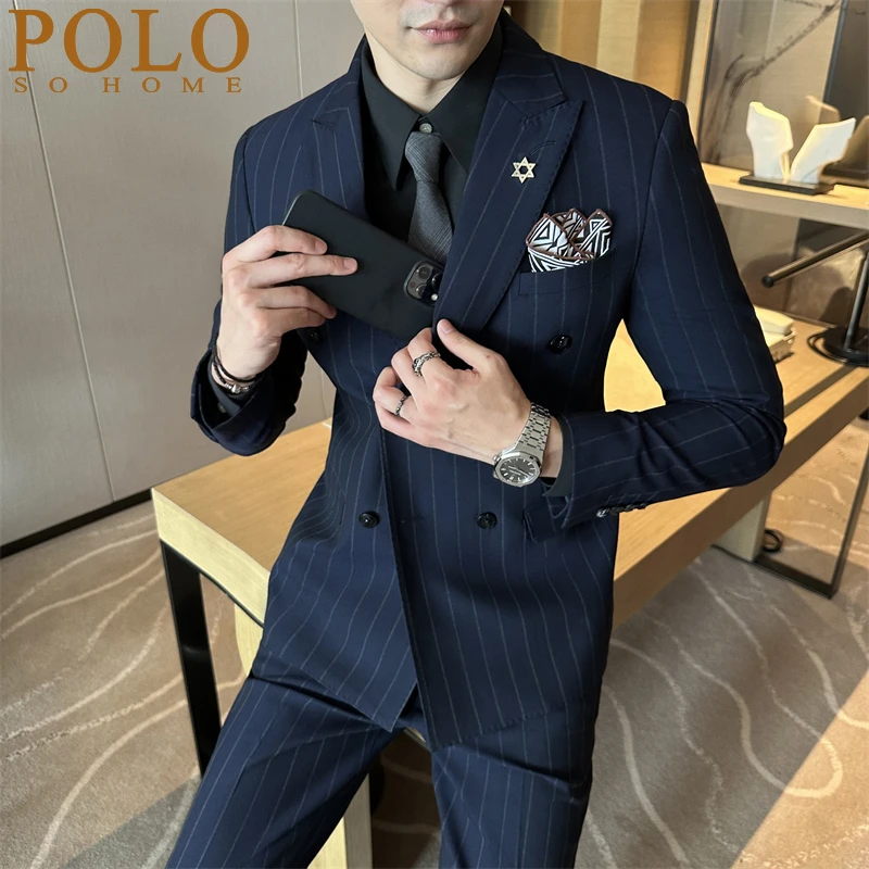 保罗条纹西装套装男士高端商务休闲正装韩版修身新郎结婚订婚衣服