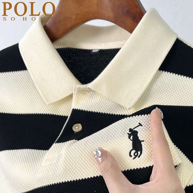 保罗夏季新款男士短袖t恤宽松上衣条纹高档小马标刺绣翻领polo衫