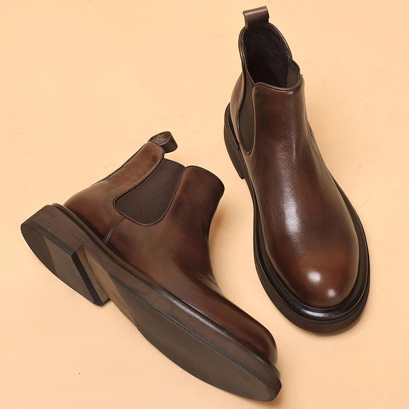 切尔西靴男高帮英伦复古软皮短靴冬季加绒保暖厚底马丁靴