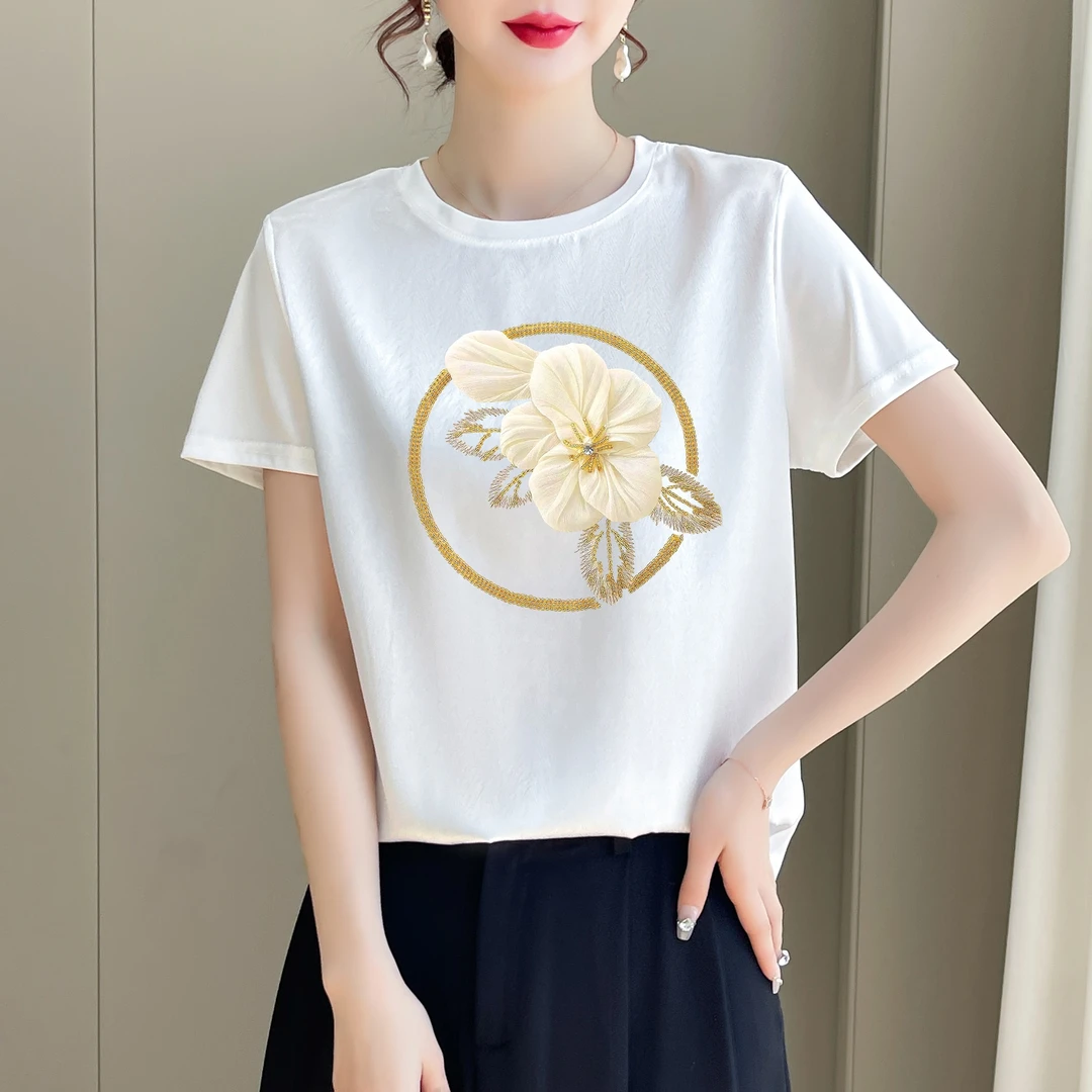 1432夏季时尚圆领短袖女显瘦气质百搭显瘦缎面拼接短袖
