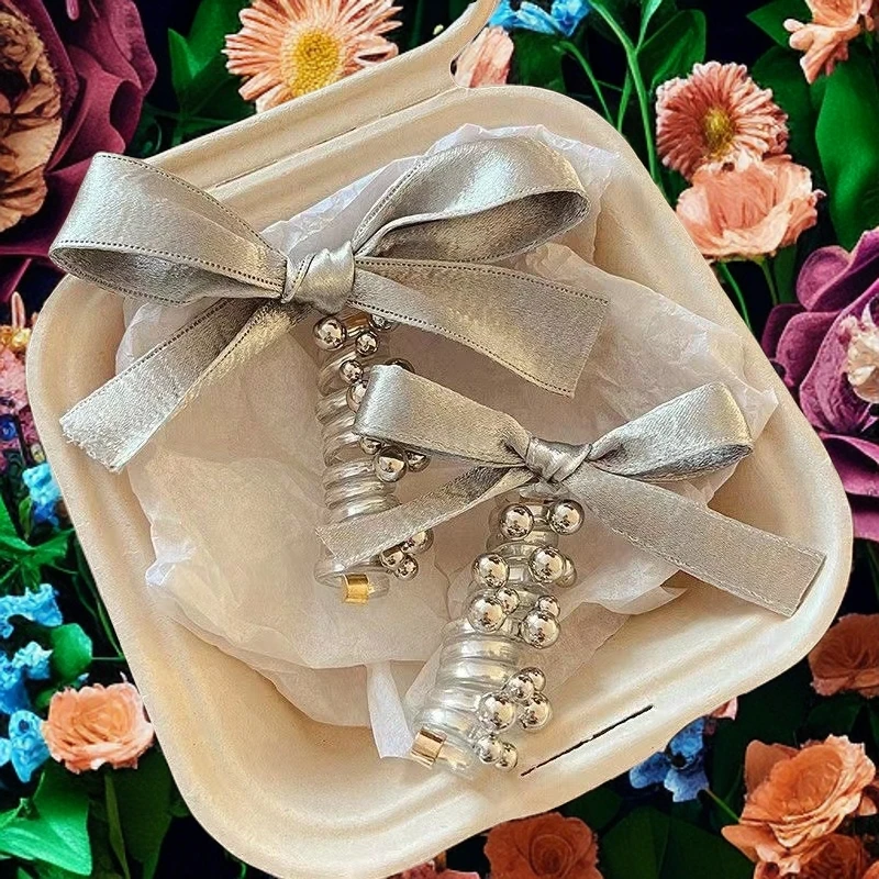 七夕银光闪闪新款升级银灰色织带蝴蝶结珠珠电话线直发马尾束发圈