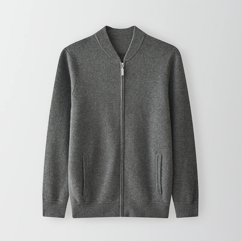 新款加厚100山羊绒拉链开衫男士商务休闲半高领外套针织
