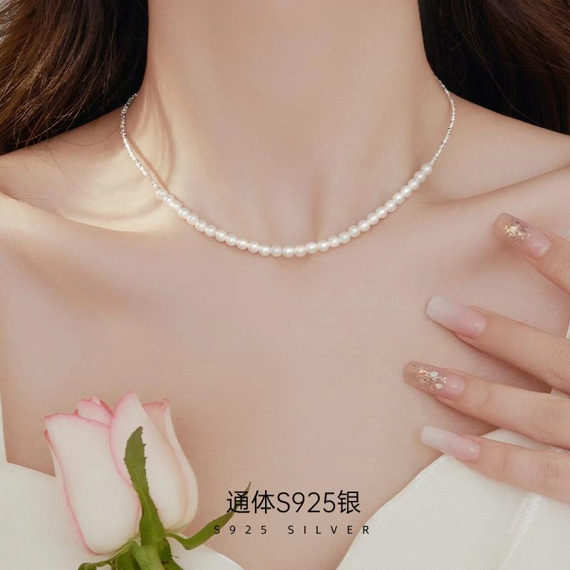 吊坠925银 s925银轻奢高级感碎银子仿珍珠项链小众设计感精致吊坠