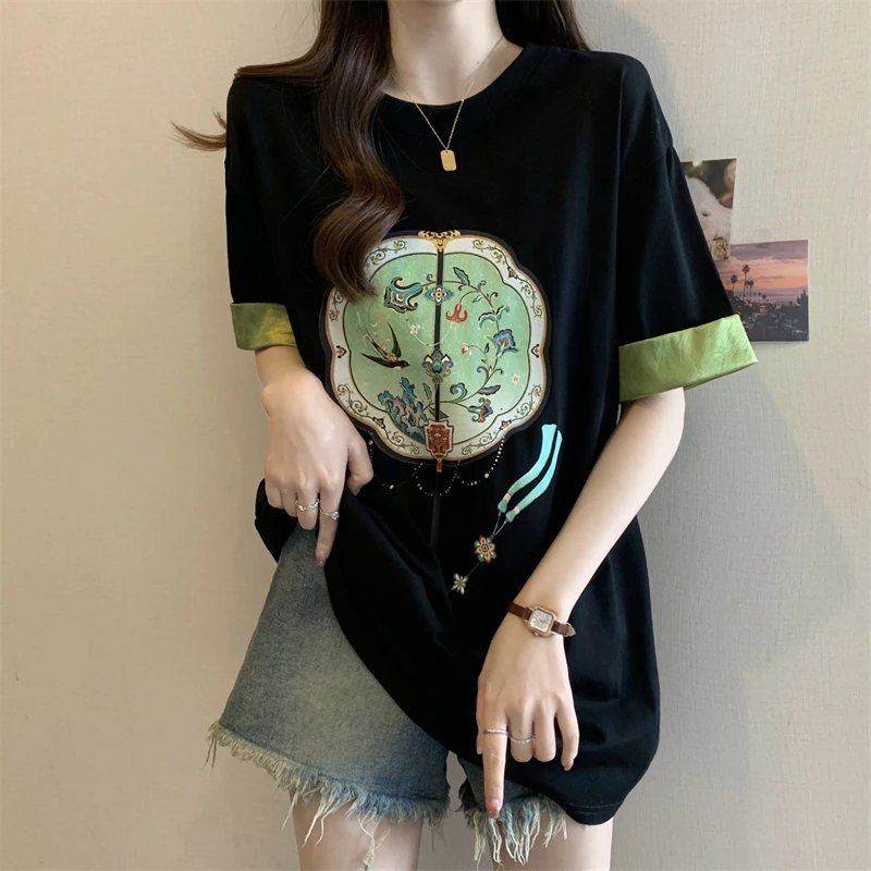 大码微胖MM新中式短袖T恤女夏季新款宽松显瘦正肩设计感印花上衣