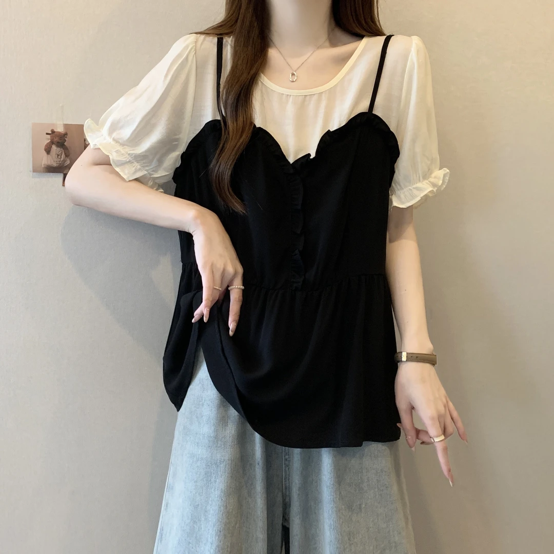 大码微胖MM甜美法式假两件衬衫女夏季新款时尚百搭遮肚子显瘦上衣