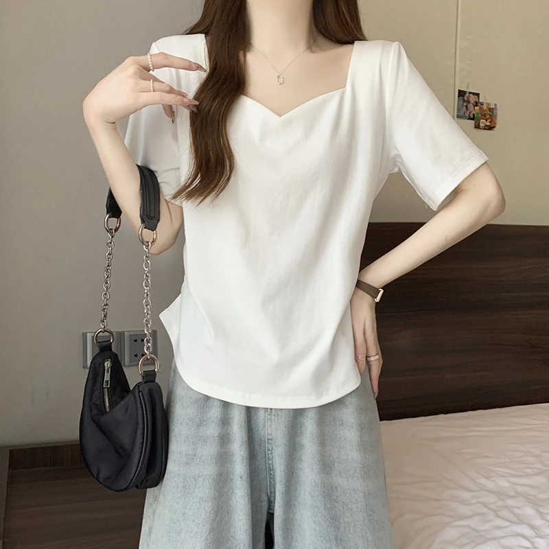 胖mm大码正肩V领短袖T恤女2024夏季新款百搭休闲简约显瘦打底上衣