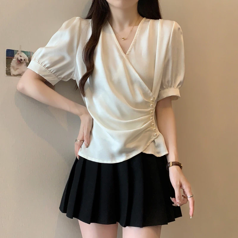 大码微胖MM法式气质V领提花上衣女夏季新款时尚百搭遮肉显瘦衬衫