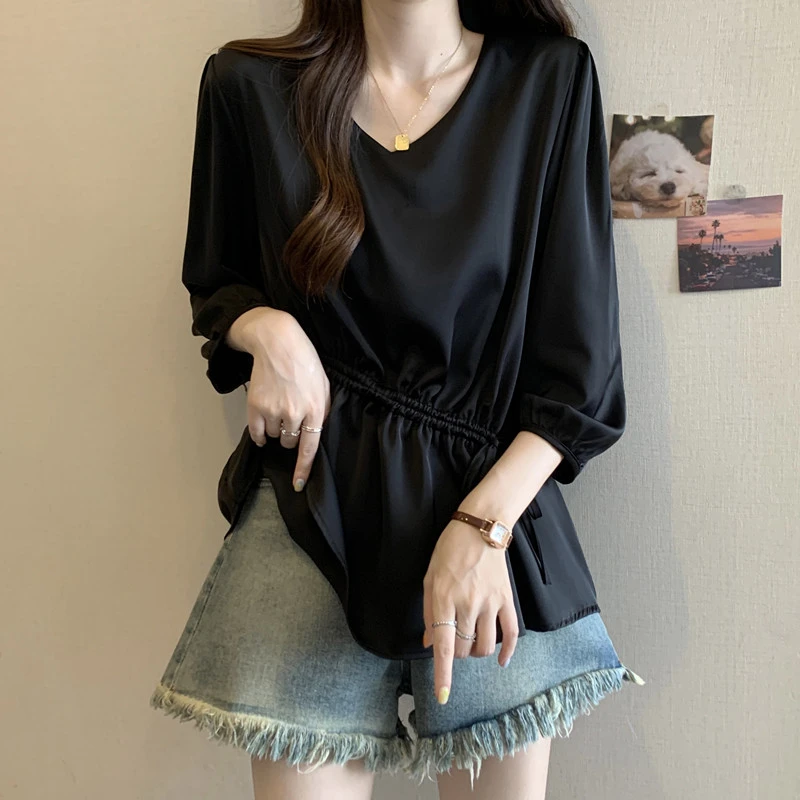 大码V领抽褶设计感短袖衬衫女2025夏季新款胖mm气质百搭显瘦上衣