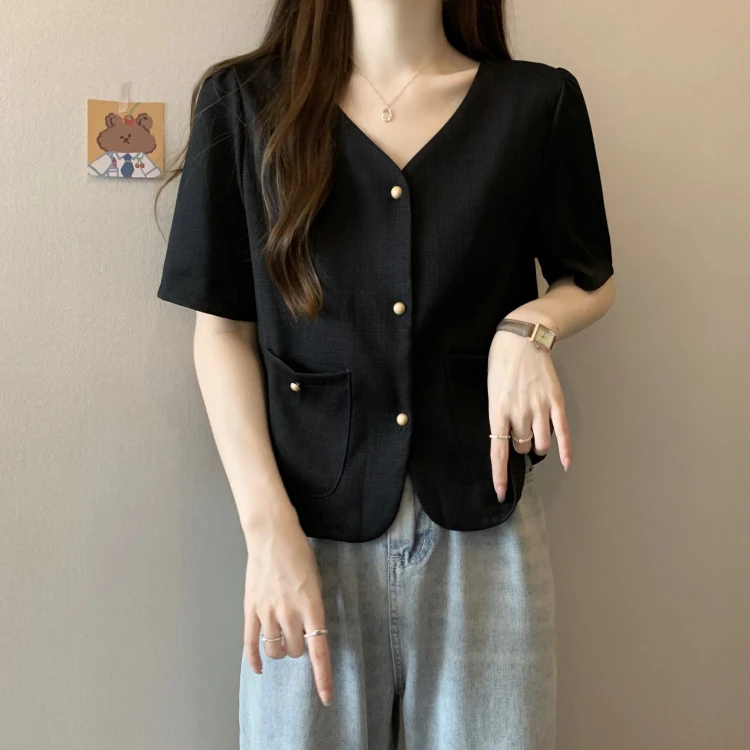 大码微胖MM百搭气质小香风短袖开衫女夏季新款V领显瘦小西装外套·