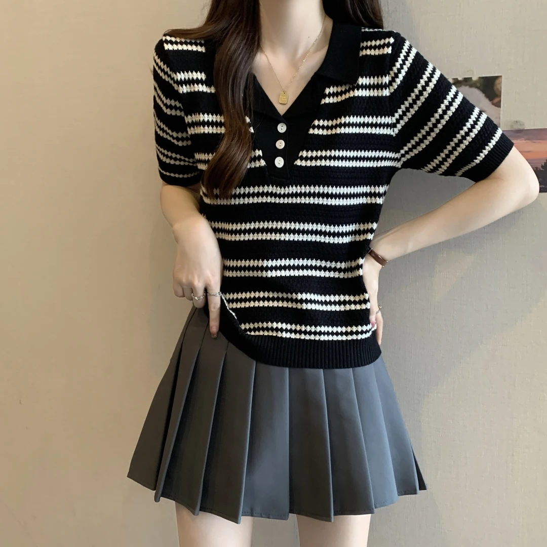 大码条纹polo领冰丝短袖T恤女2024夏季新款胖mm气质正肩显瘦上衣