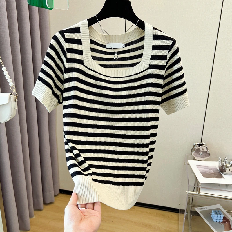现货大码条纹冰丝针织衫女薄款微胖MM显瘦遮肚子法式方领短袖上衣