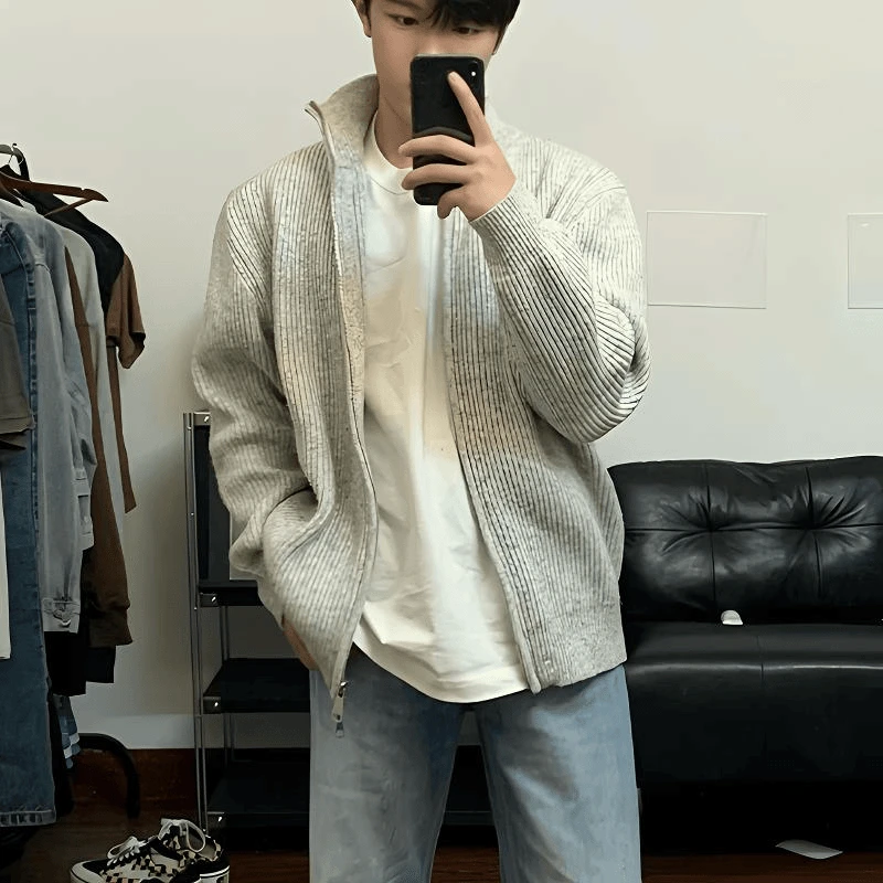 灰色拉链开衫毛衣男款春秋季美式cleanfit穿搭针织衫高街复古外套