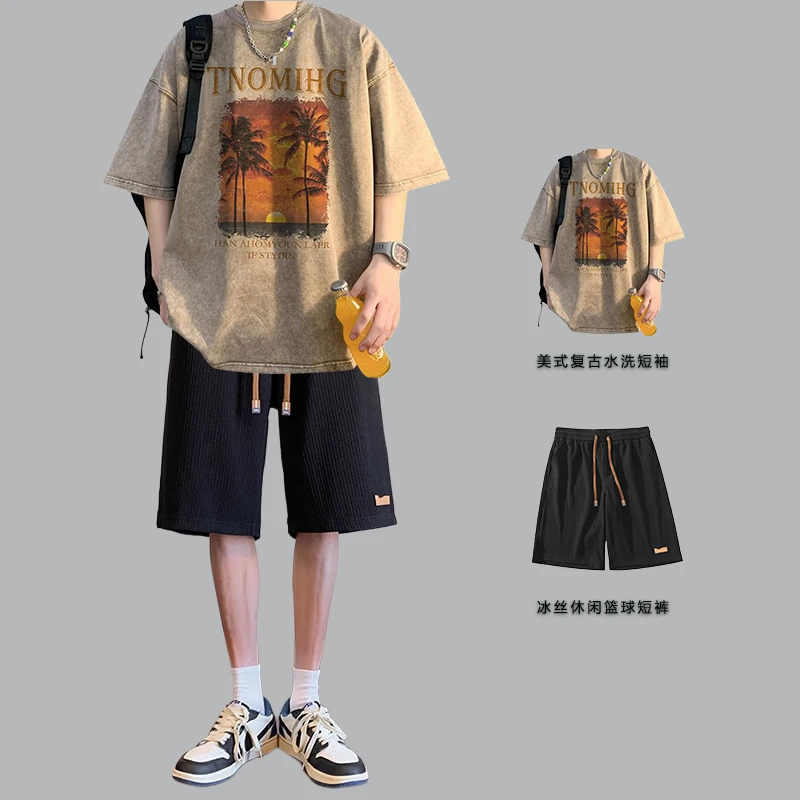 休闲运动套装男士夏季水洗短袖t恤青少年大码美式复古短裤两件套