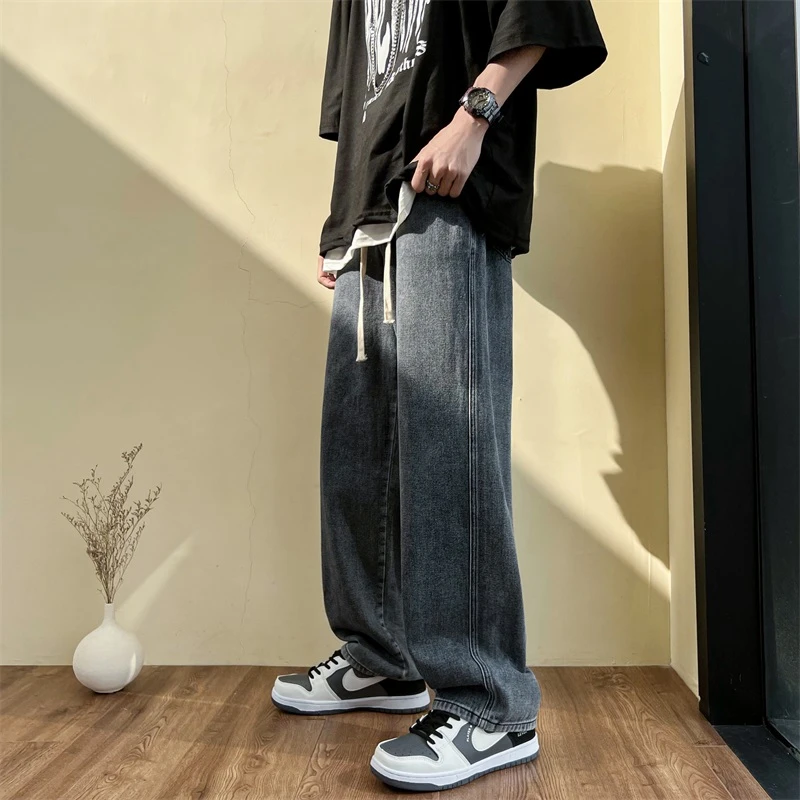 美式潮牌直筒牛仔裤男士ins潮流垂感宽松阔腿裤抽绳拖地休闲长裤