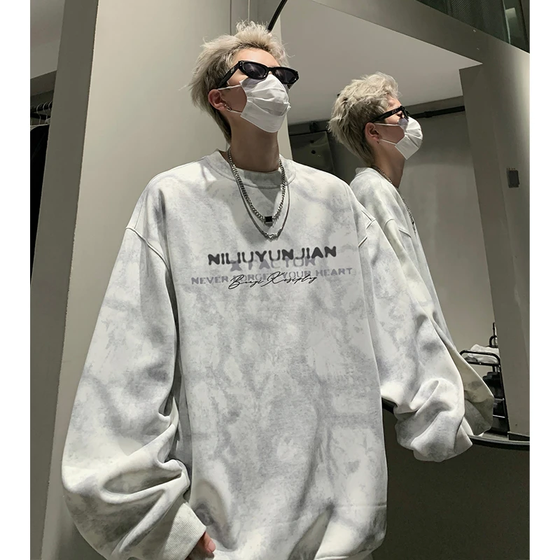 扎染圆领卫衣男春秋潮牌美式复古设计感小众印花休闲oversize外套