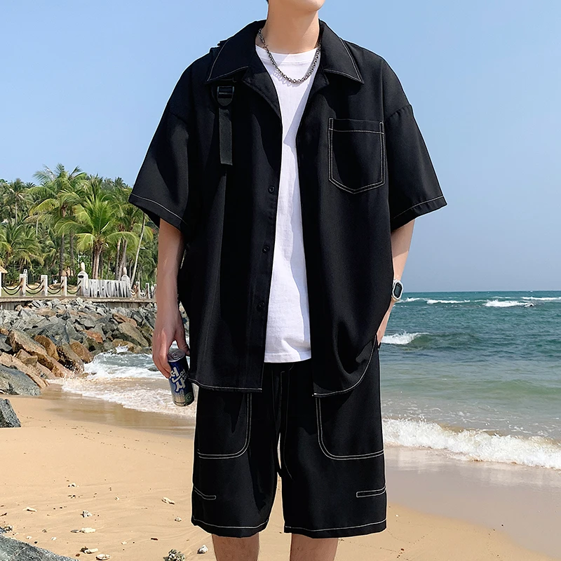 冰丝衬衫套装男夏季潮牌宽松垂感翻领短袖短裤痞帅凉感衬衣两件套