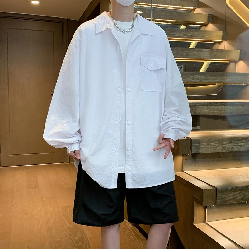 纯色简约长袖衬衫男2024夏季青少年潮牌高街百搭宽松痞帅上衣外套