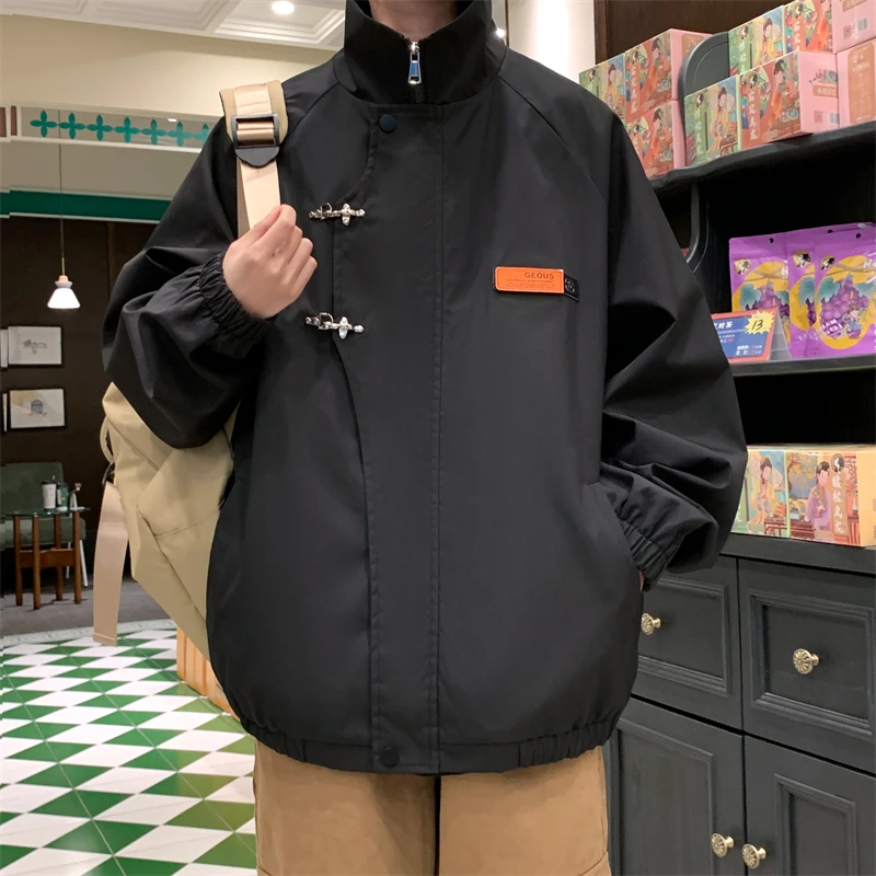 2025秋装新款美式机能外套男飞机扣工装立领夹克青少年户外上衣服