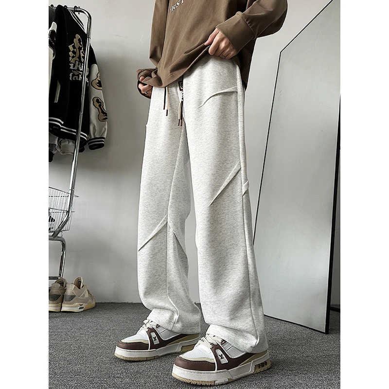 设计感灰色卫裤男春秋美式重磅宽松直筒阔腿裤情侣款潮牌休闲裤子