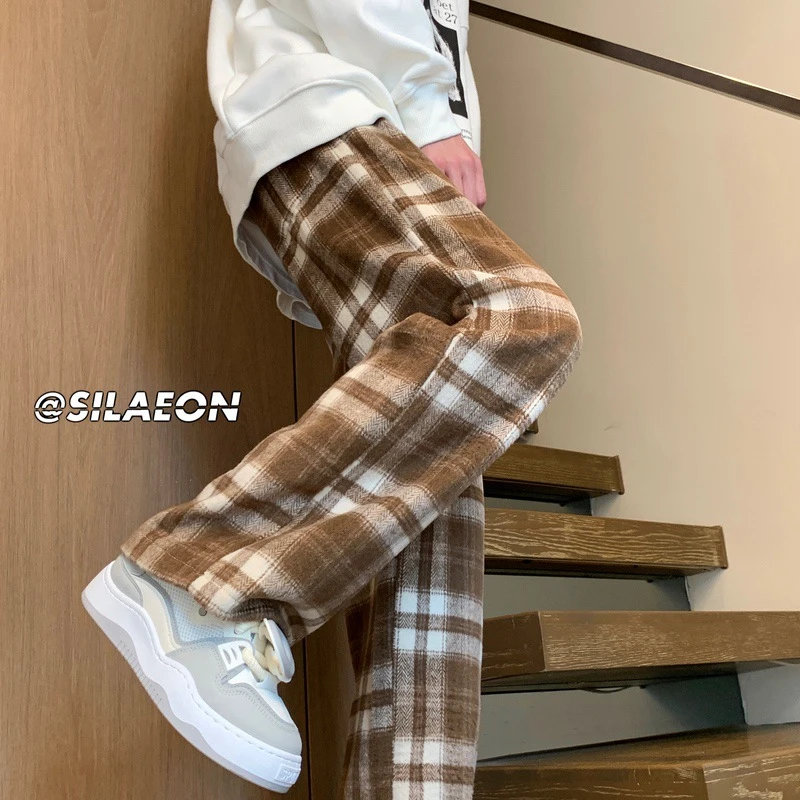 格子毛呢裤男秋冬季宽松直筒复古拖地裤子潮牌青少年阔腿休闲长裤