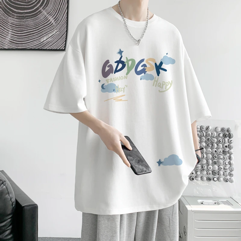 多巴胺穿搭白色短袖t恤男夏季美式潮牌宽松半袖设计感字母五分袖