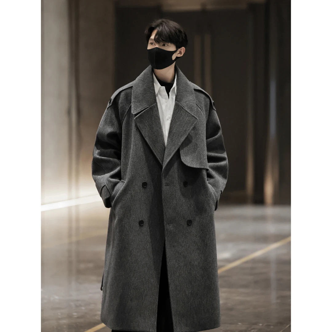 韩系中长款毛呢大衣外套男款秋冬潮牌加厚高级感痞帅过膝呢子风衣
