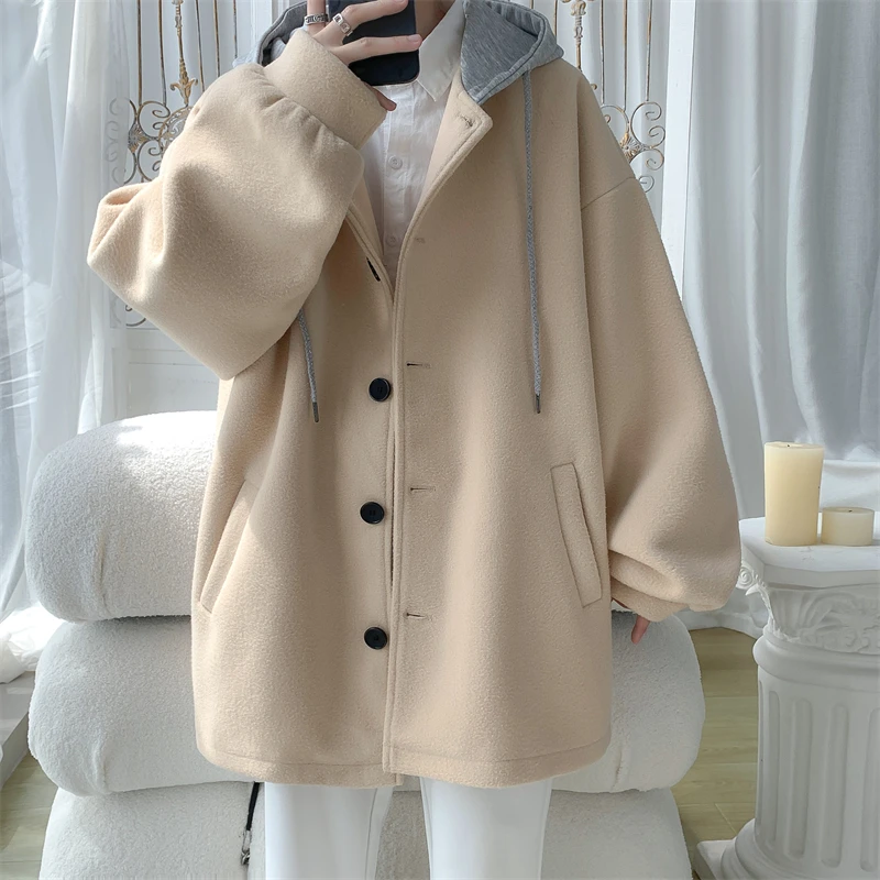 米白色假两件毛呢大衣男秋冬季宽松大码风衣设计感短款呢子外套潮