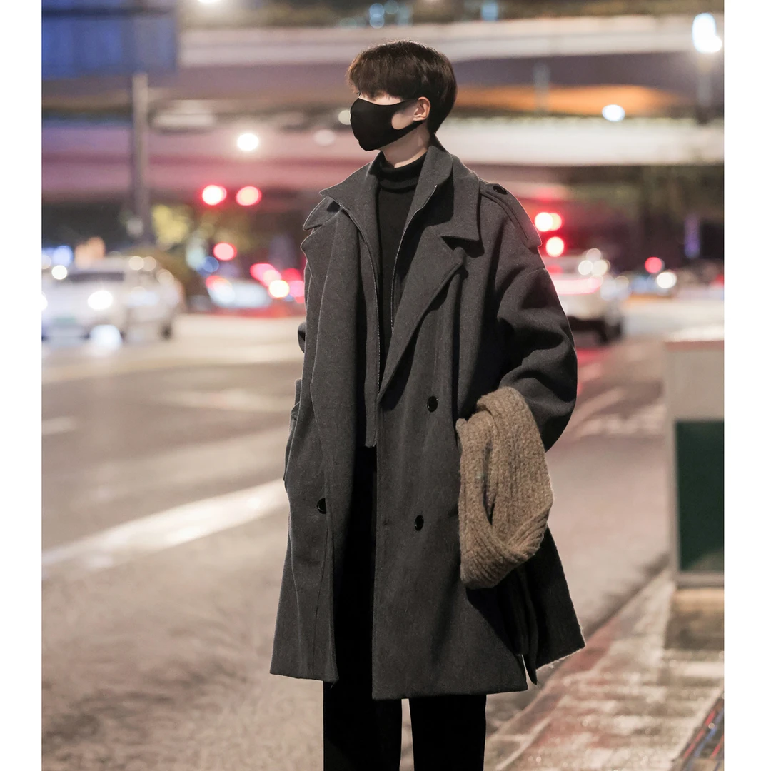 假两件灰色毛呢大衣男款秋冬季加厚过膝中长款高级感呢子风衣外套